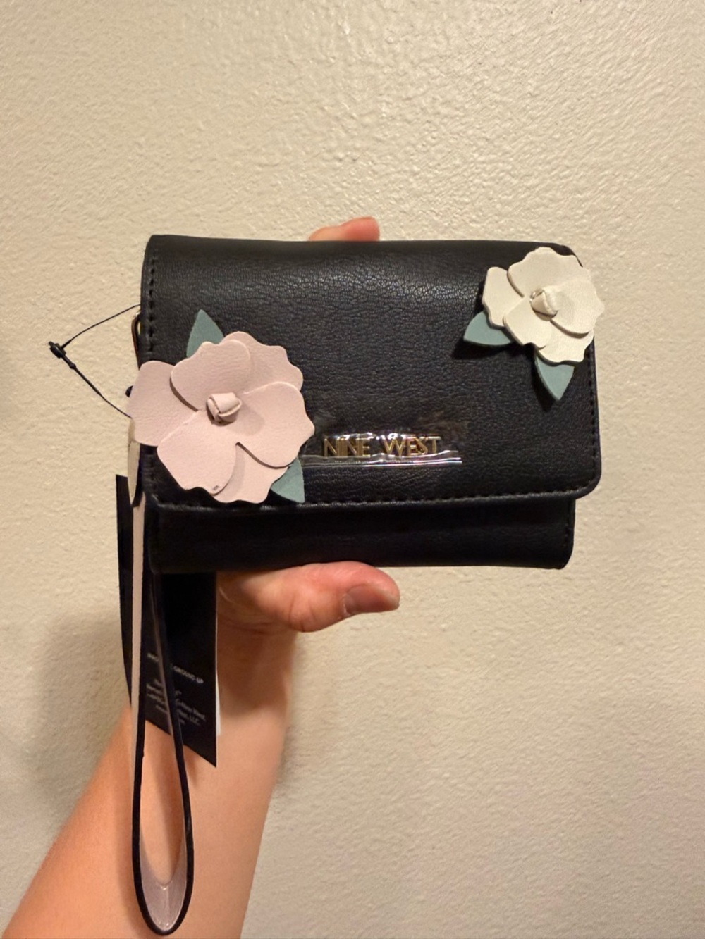 Nine West Black Wristlet with Pink and Cream Floral Appliqués